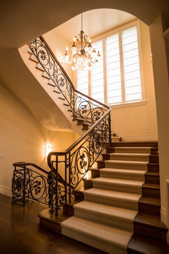 Beautiful elegant curved stair with a soft runner and a striking ornate black metal railing.