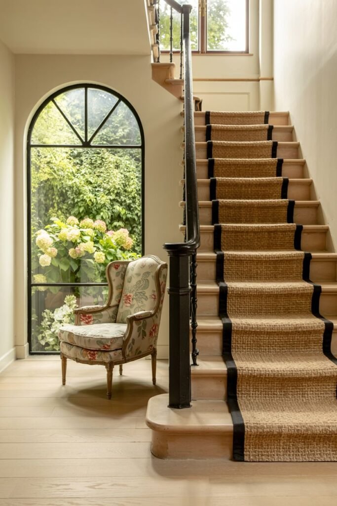 Straight farmhouse stair with a natural fiber runner with black borders, featuring an arched window with garden view.