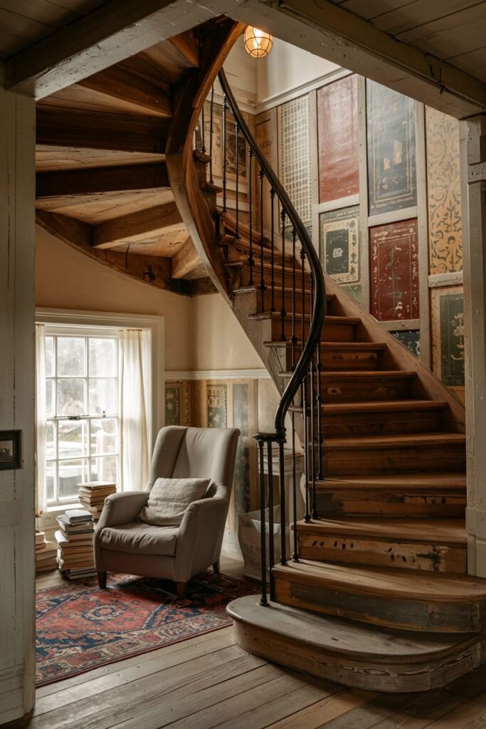 Rustic curved stair made of natural wood planks with a dark metal railing and unique patterned panels on the wall.