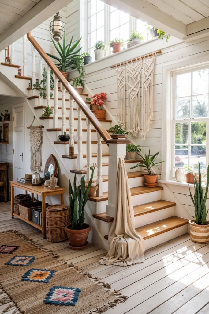 Bright farmhouse stair with white risers, natural wood treads, and numerous plants and bohemian decor elements.