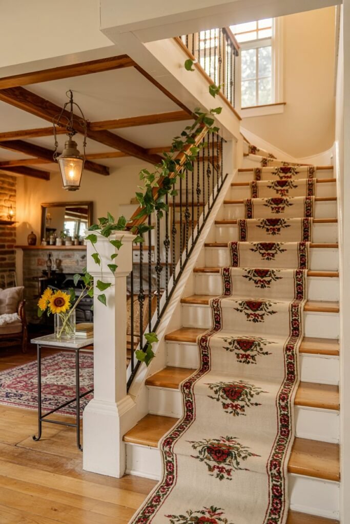 Straight stair with a beautiful floral runner, white risers, and dark railing with white newel post, suggesting a farmhouse style.