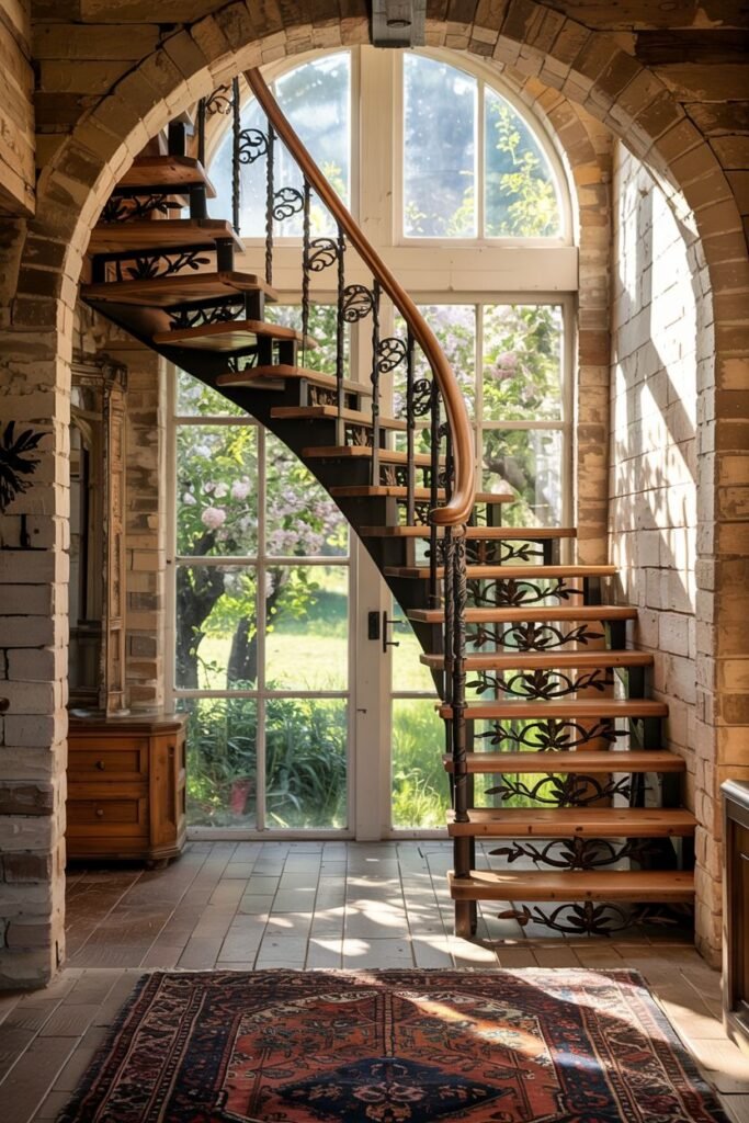 Curved stair with wooden treads and decorative metal balusters, framed by a brick archway and a large arched window.