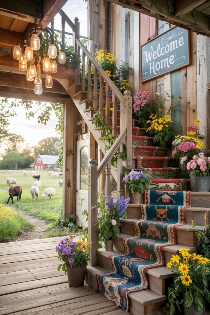 Beautiful outdoor or semi-outdoor wooden farmhouse stair heavily decorated with colorful flowers and runner.