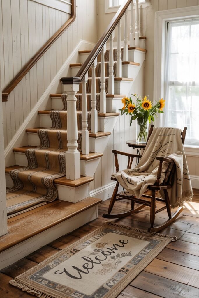Welcoming straight farmhouse stair with a natural fiber runner, white railing, and a rocking chair with a rug at the base.