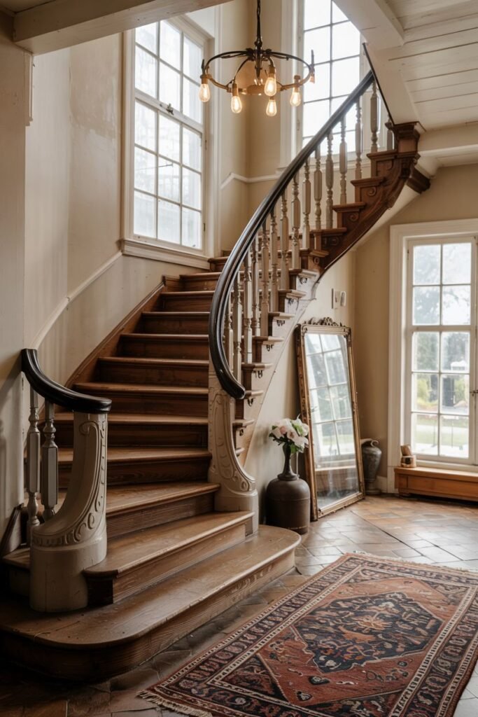 Elegant curved wooden stair with dark treads and turned balusters, situated next to large windows and featuring a mirror.