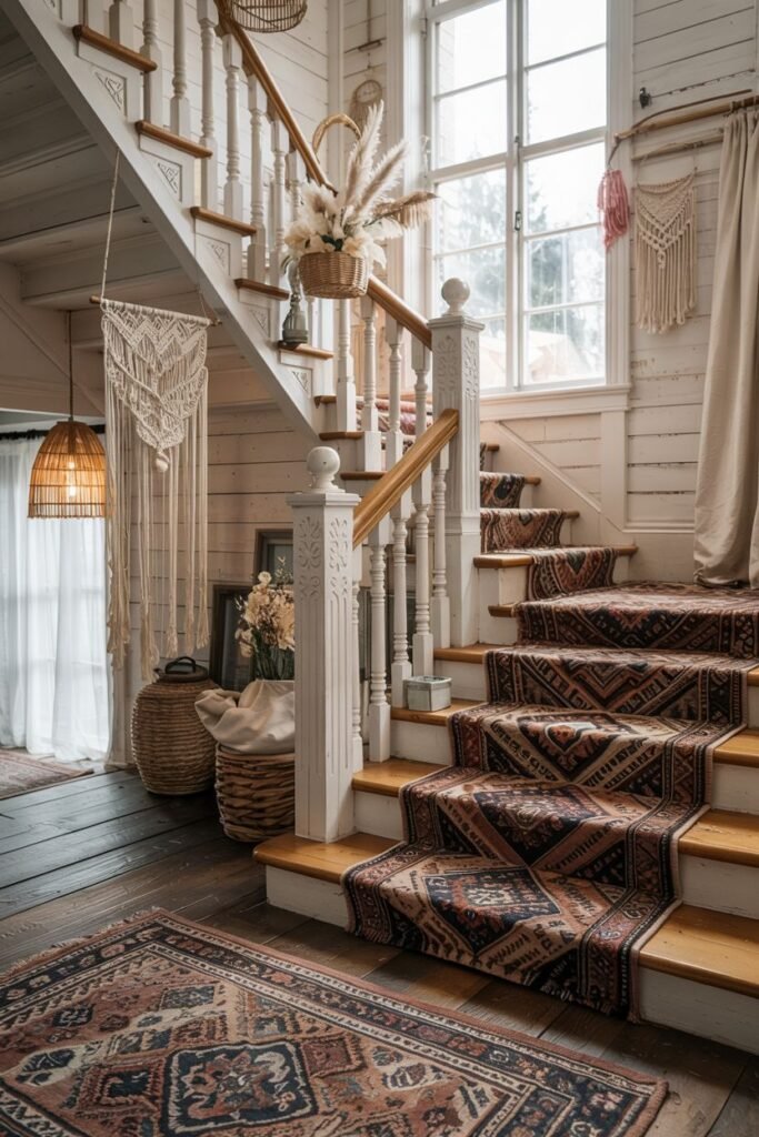 Cozy farmhouse stair with a complex geometric patterned runner and white railing, featuring macrame decor.