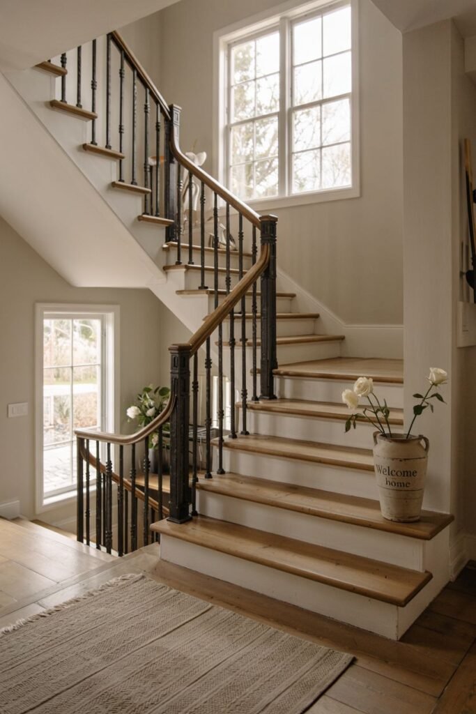 Beautiful farmhouse stair with light wood treads, white risers, and a dark metal railing, including a turning landing and windows.