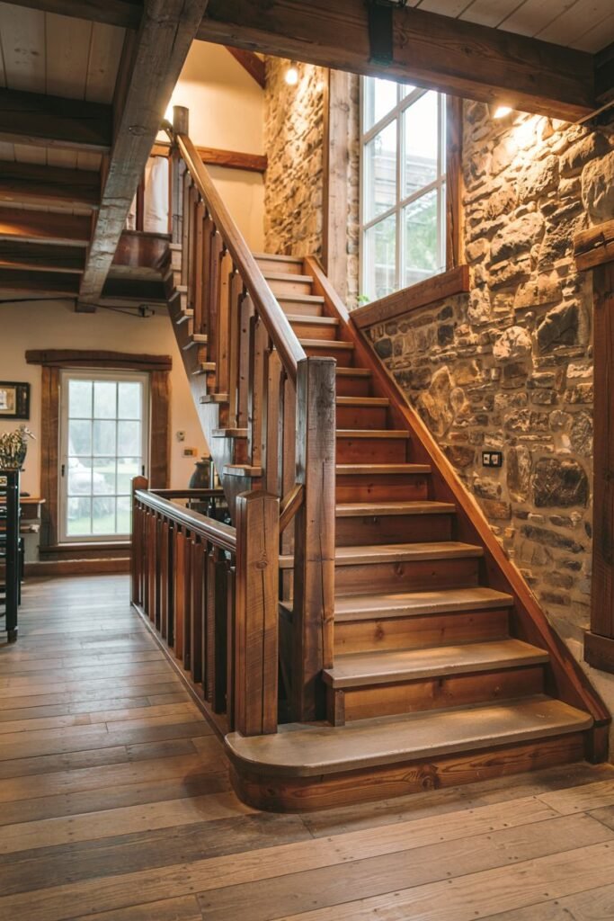 Rustic wooden stair set against a stone wall, with simple wooden railing and exposed beams, in a farmhouse setting.