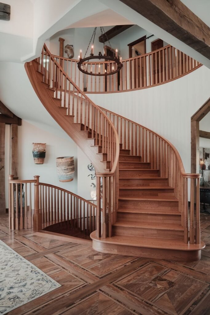 Grand double curved beautiful farmhouse staircase made of natural wood with closely spaced balusters and a decorative floor pattern.