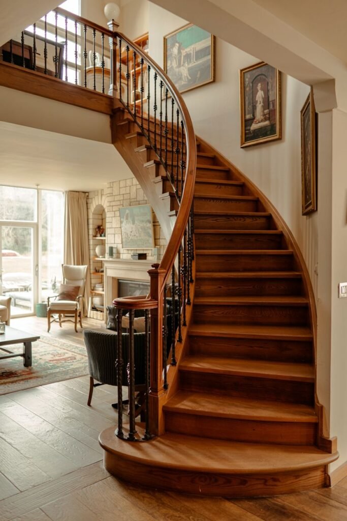 Beautiful curved farmhouse stair with dark wooden treads and metal balusters.