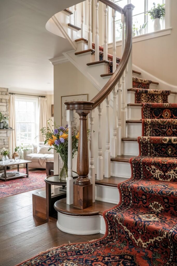 Sweeping curved stair covered with a richly patterned red and blue runner, featuring dark wood treads and white balusters, creating a beautiful effect.
