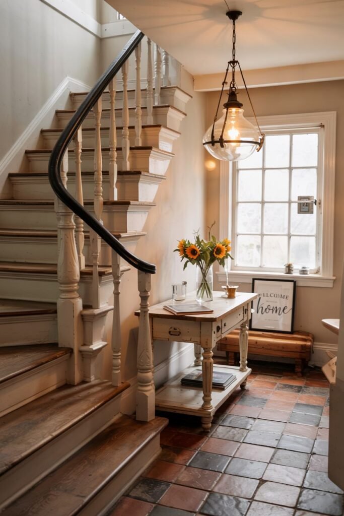 Inviting curved farmhouse stair in an entryway with terracotta tile, featuring wooden treads, white risers, and a dark handrail.
