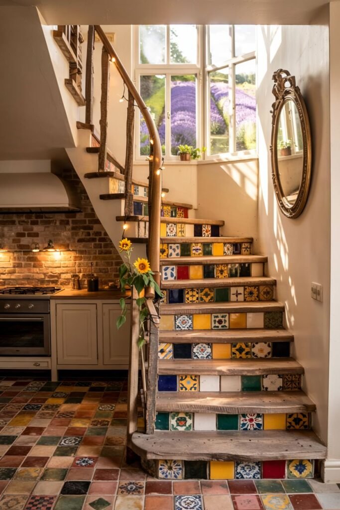 Unique farmhouse stair with natural wood treads and colorful tile risers next to a kitchen area.