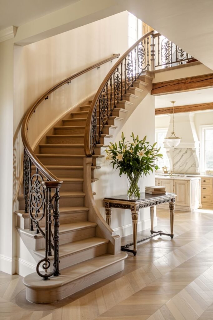 Elegant curved stair with light treads and an ornate metal balustrade, creating a beautiful and grand entrance.
