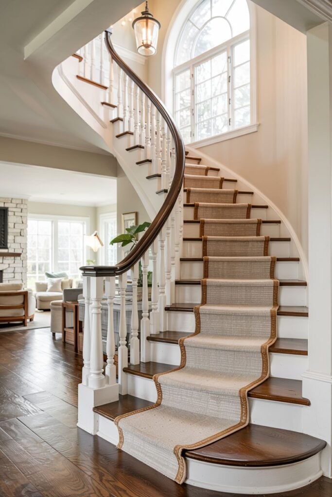 Curved stair with dark wood treads, white risers, and a soft neutral runner, featuring white balusters and a dark handrail in a bright interior.