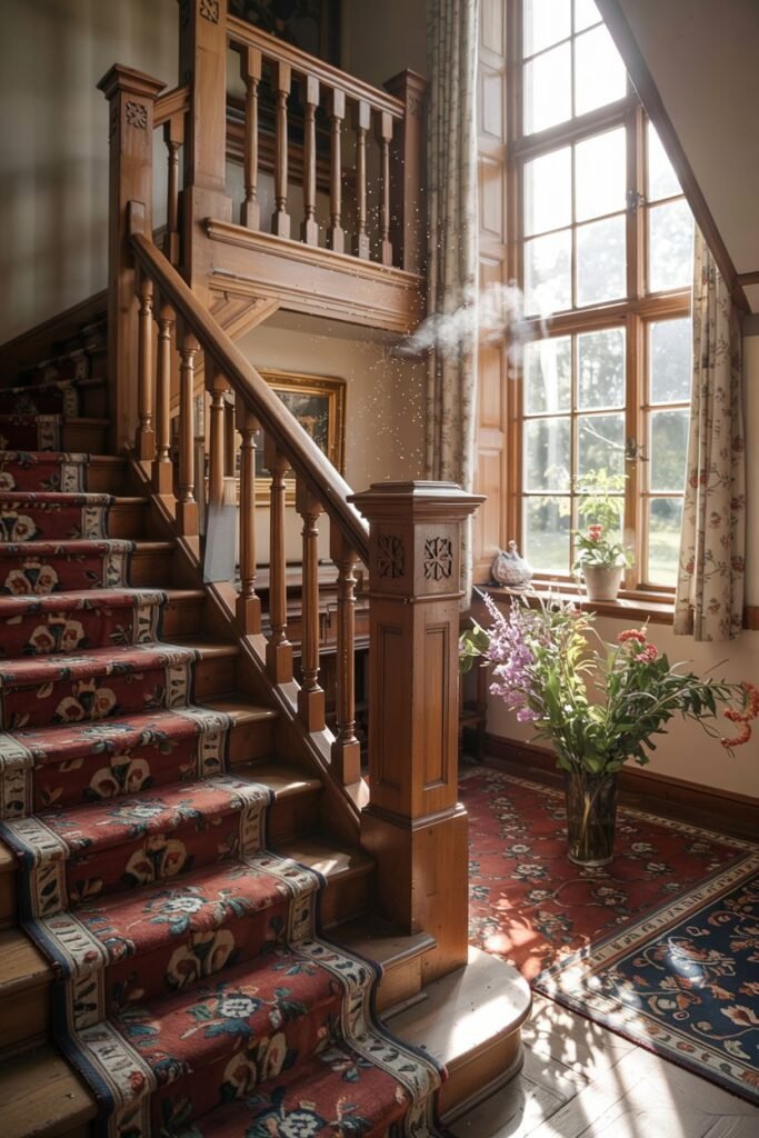 Traditional wooden farmhouse stair with a classic red and gold patterned runner and a substantial carved newel post, illuminated by window light.