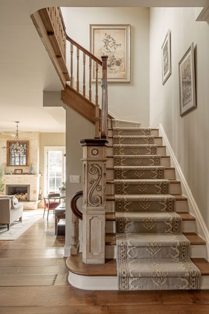 Straight stair featuring a beautiful patterned runner and a prominent, intricately carved farmhouse newel post.