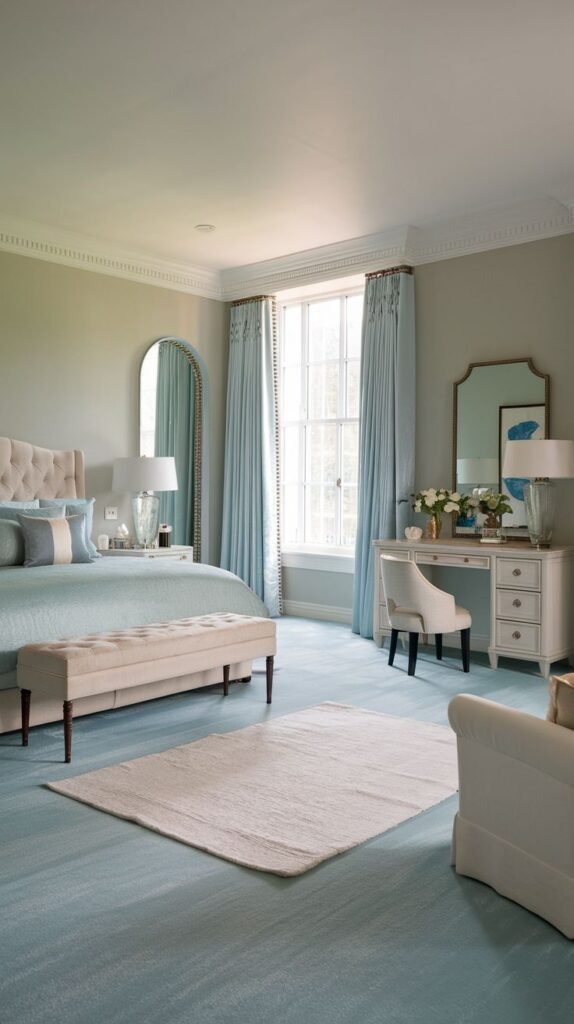 Beautiful, chic, modern, and stylish light blue bedroom with a bed, a bench, a vanity desk with a mirror and chair, and a rug.