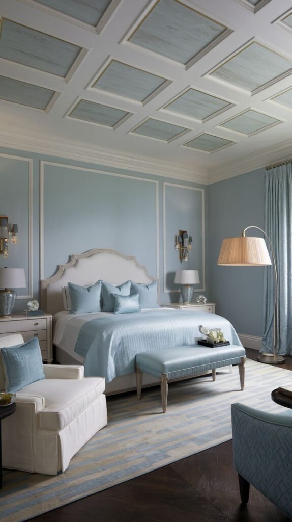 Beautiful, chic, modern, and stylish light blue bedroom showcasing a bed, a bench, a floor lamp, two chairs, and a coffered ceiling with light blue panels.