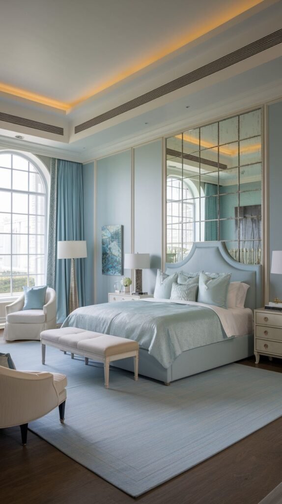 Beautiful, chic, modern, and stylish light blue bedroom featuring a bed, a bench, mirrored walls, chairs, and large arched windows, with cove lighting.