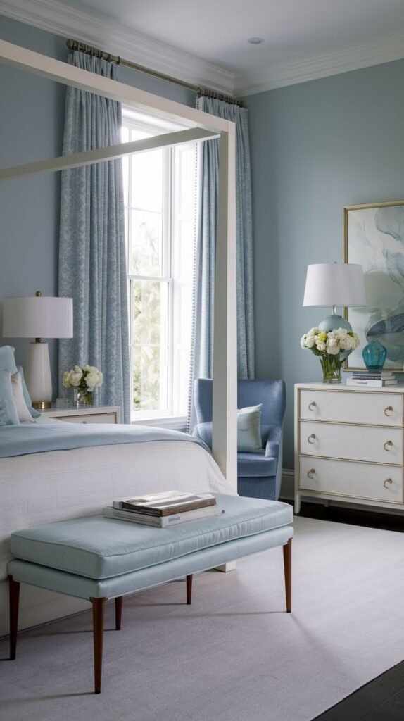 Beautiful, chic, modern, and stylish light blue bedroom with a four-poster bed, a light blue leather bench, a white dresser, and a blue chair.