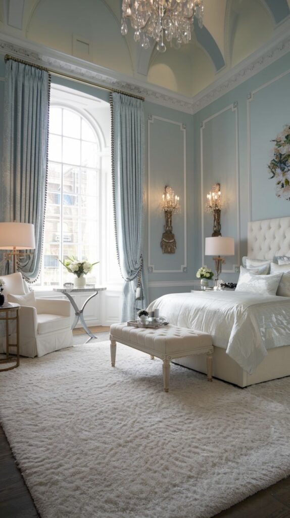 Beautiful, chic, modern, and stylish light blue bedroom featuring a bed, a bench, a round table with chairs, wall sconces, and a crystal chandelier, with a large arched window.