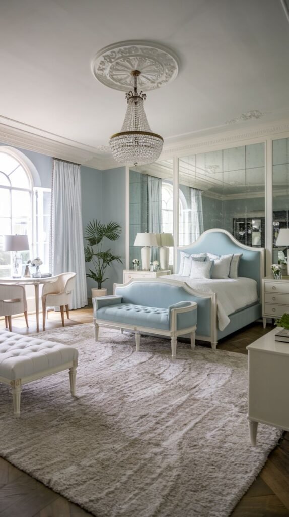 Beautiful, chic, modern, and stylish light blue bedroom with a bed, a light blue settee, a white bench, mirrored walls, a desk, and a crystal chandelier.