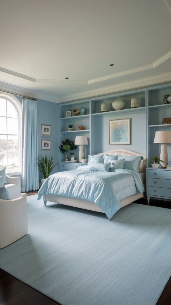 Beautiful, chic, modern, and stylish light blue bedroom featuring a bed, light blue nightstands, two white chairs, and built-in shelves, with a light blue rug.