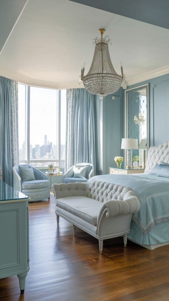 Beautiful, chic, modern, and stylish light blue bedroom with a bed, a tufted settee, chairs, mirrored walls, a dresser, and a crystal chandelier, featuring large bay windows.