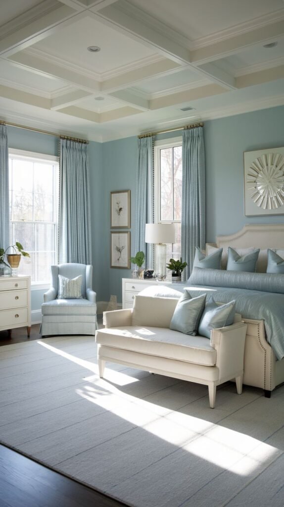 Beautiful, chic, modern, and stylish light blue bedroom showcasing a bed, a white tufted bench, white dressers, and a light blue chair, with a coffered ceiling.