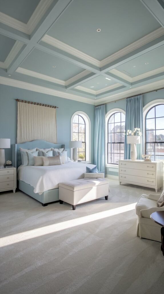 Beautiful, chic, modern, and stylish light blue bedroom showcasing a bed, a bench at the foot of the bed, a white dresser, and three arched windows, with a coffered ceiling.
