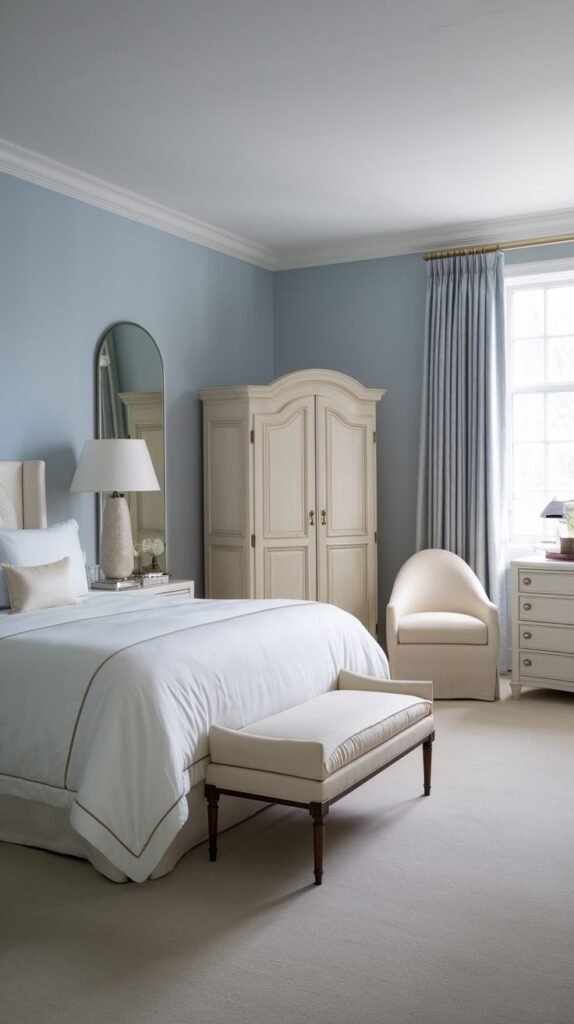Beautiful, chic, modern, and stylish light blue bedroom featuring a bed, a bench, a tall mirror, a white armoire, a dresser, and a white chair.
