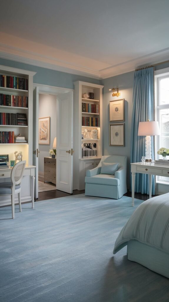 Beautiful, chic, modern, and stylish light blue bedroom with a bed, a light blue chair, a desk with a chair, and built-in bookshelves flanking a doorway.