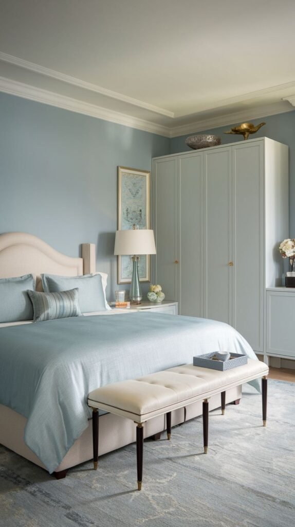 Beautiful, chic, modern, and stylish light blue bedroom displaying a bed, a bench, and a large light blue wardrobe.