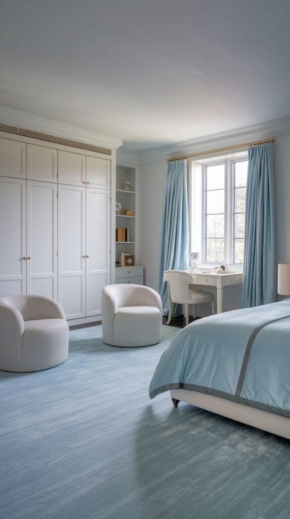 Beautiful, chic, modern, and stylish light blue bedroom featuring a bed, a white desk with a chair, two white swivel chairs, and a large white built-in wardrobe.