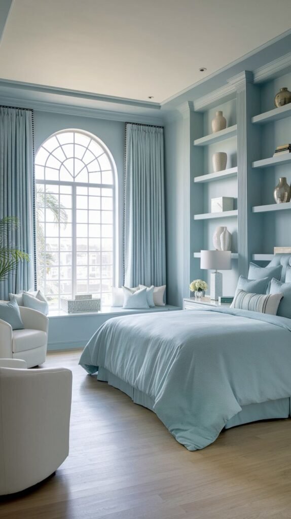 Beautiful, chic, modern, and stylish light blue bedroom featuring a bed, two white swivel chairs, a built-in window seat under a large arched window, and shelves built into the wall.