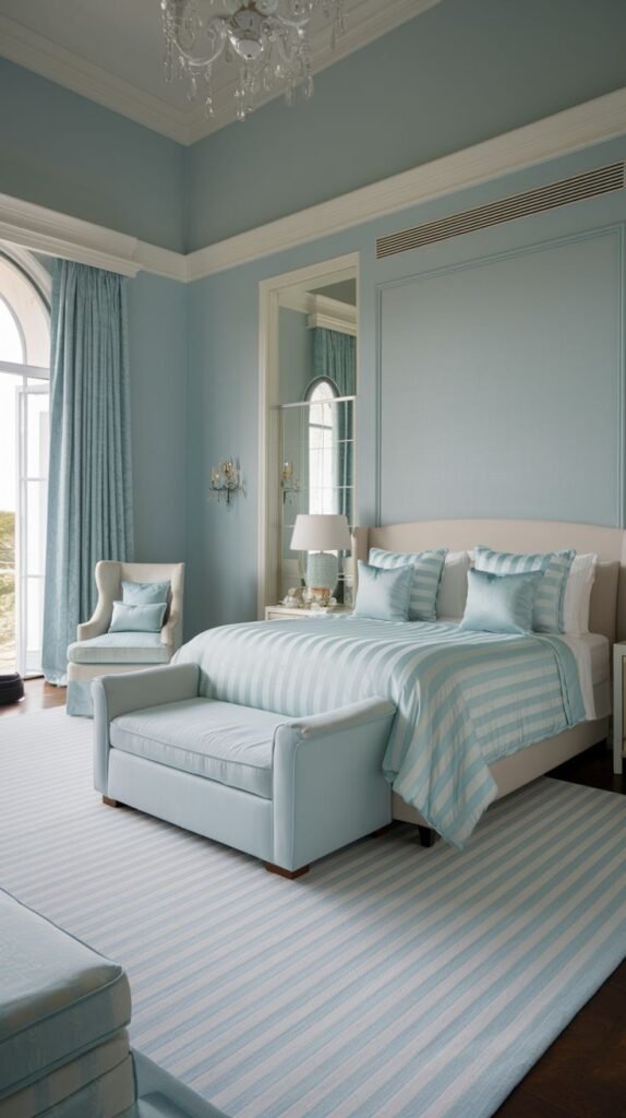 Beautiful, chic, modern, and stylish light blue bedroom with a bed covered in light blue and white striped bedding, a light blue bench, a chair, and a chandelier.