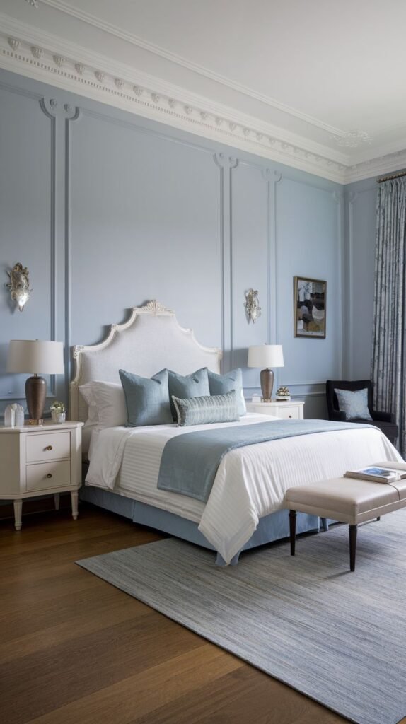 Beautiful, chic, modern, and stylish light blue bedroom featuring an upholstered headboard, a bench at the foot of the bed, two nightstands, wall sconces, and decorative wall moldings.