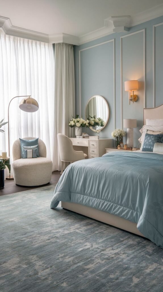 Beautiful, chic, modern, and stylish light blue bedroom with a bed, a floor lamp, a vanity desk with a mirror and chair, and an abstract rug.