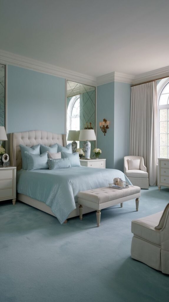 Beautiful, chic, modern, and stylish light blue bedroom showing a bed, a bench, mirrored walls, two nightstands, two chairs, and arched windows.