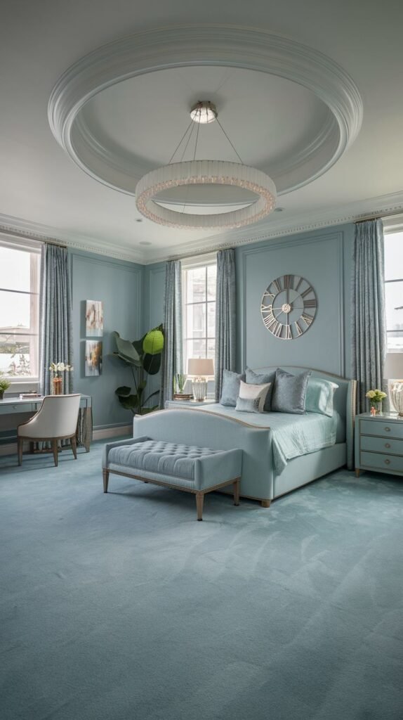 Beautiful, chic, modern, and stylish light blue bedroom with a bed, a tufted bench, a desk with a chair, a large clock on the wall, and a circular chandelier, featuring a light blue carpet.