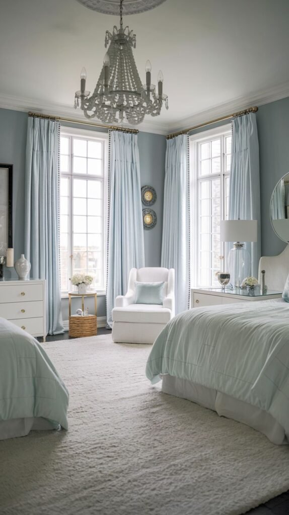 Beautiful, chic, modern, and stylish light blue bedroom featuring two beds, a white chair, dressers, and a crystal chandelier, with large windows.