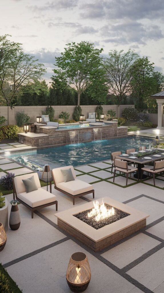 A beautiful and modern outdoor patio with a pool, waterfall feature, square fire pit, lounge chairs, and a dining area.