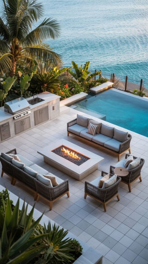 A beautiful and modern patio with an infinity pool overlooking the ocean, a fire pit with seating, and a built-in grill area.