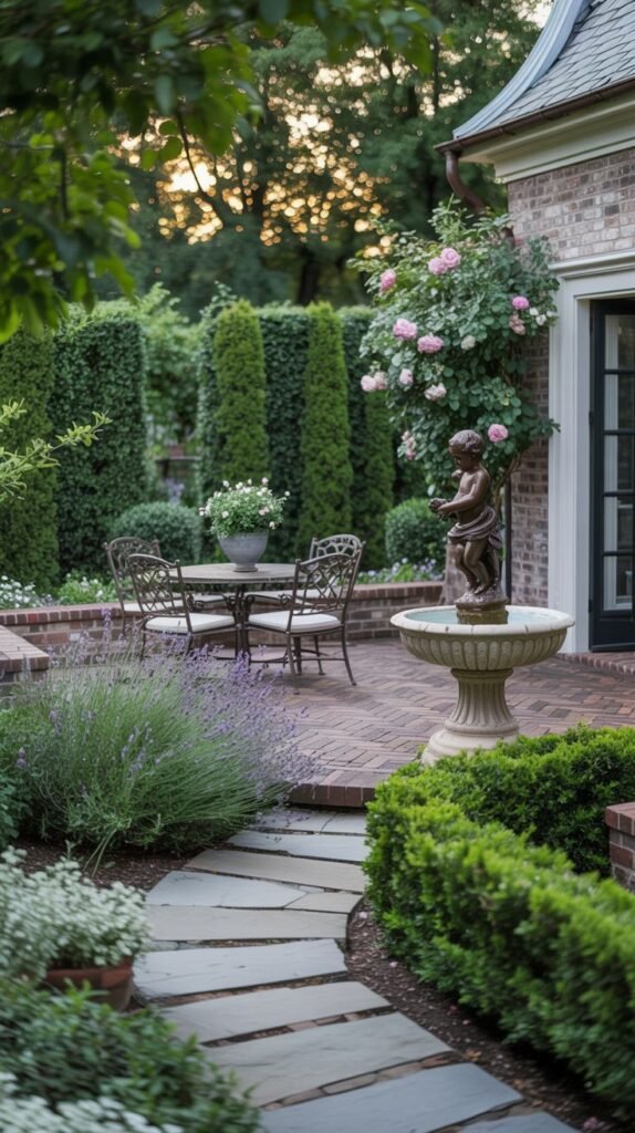 A beautiful garden patio with a small dining set and fountain, featuring modern sculpted hedges and a stepping stone path.