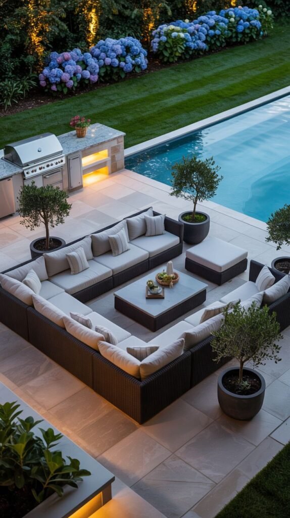A beautiful and modern patio area with a large sectional sofa surrounding a coffee table, a built-in grill, and a pool.