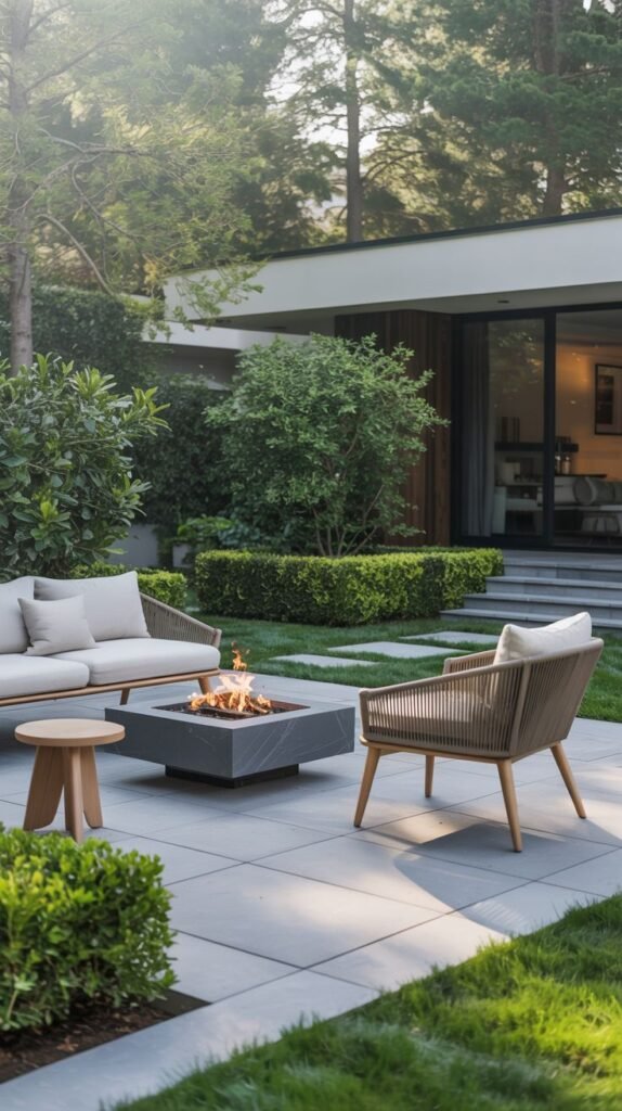 A beautiful and modern patio with a square fire pit, an armchair, and a sofa, integrated into a landscaped garden.