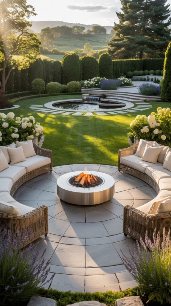 A beautiful and modern circular patio with curved seating around a fire pit, overlooking a water feature and a landscaped hillside.