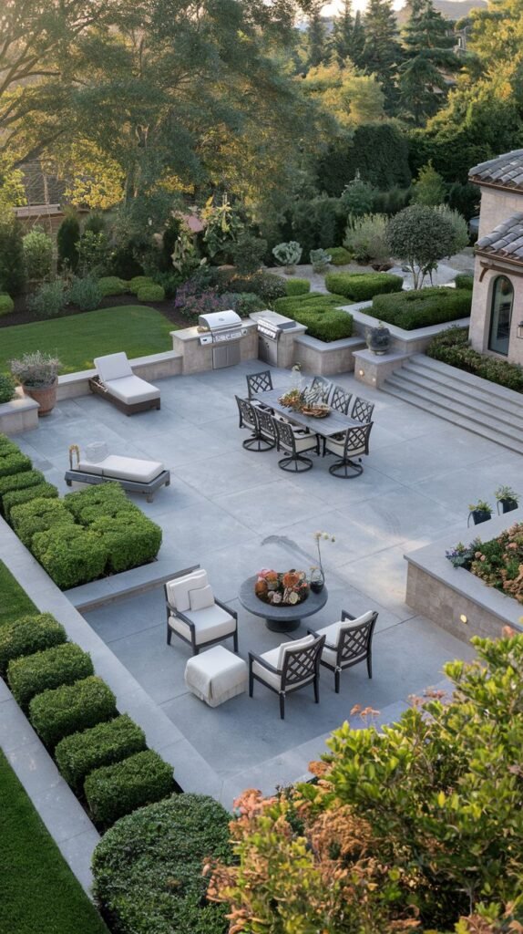 A beautiful and modern expansive patio featuring dining and seating areas around a fire pit, a built-in grill, and integrated landscaping.