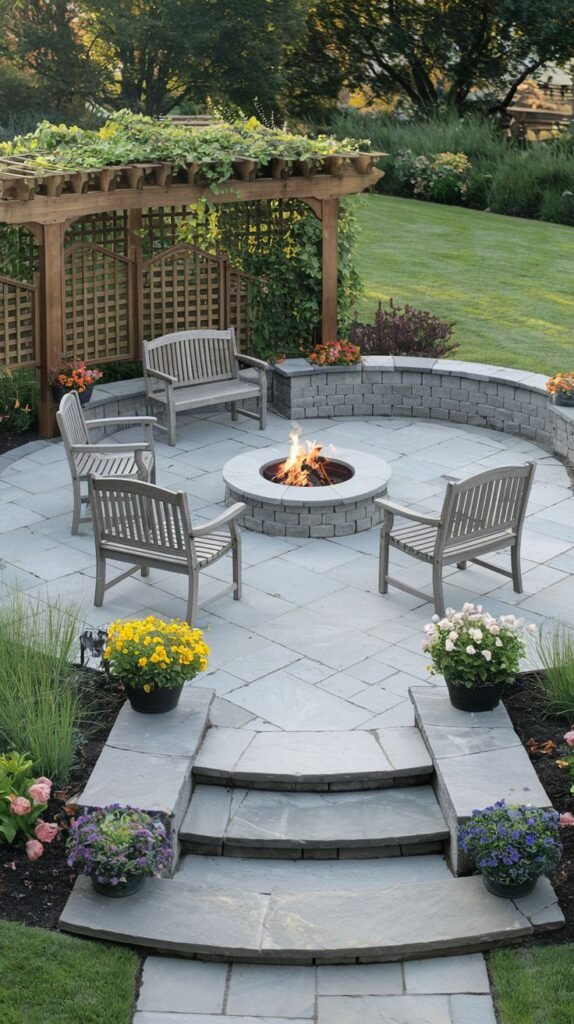 A beautiful and modern patio area with a circular fire pit and seating, framed by a pergola and steps.